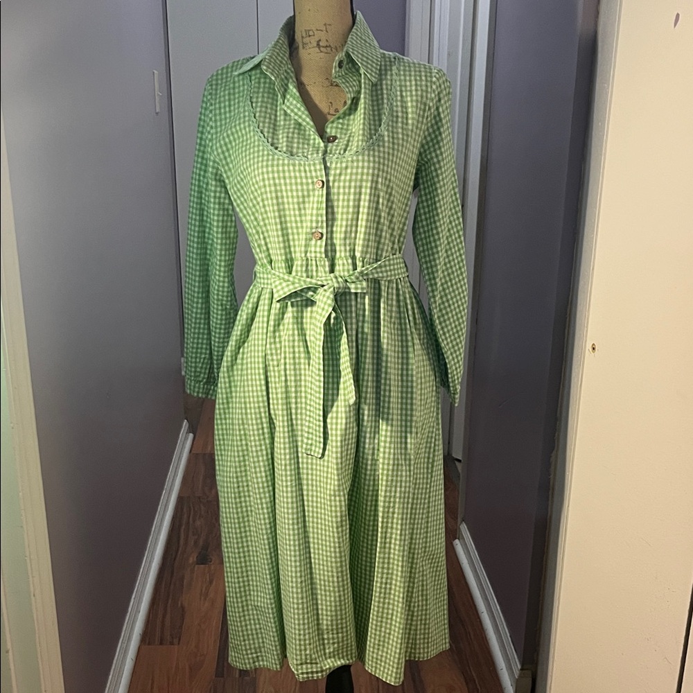 LÍAN XUN Elegant Long Sleeve Green Checkered Dress